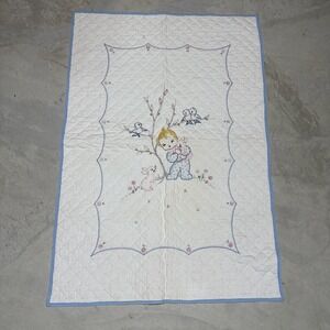Vintage Handmade Patchwork Bunny Birds Cross Stitched Baby Quilt 29" X 43" Girl